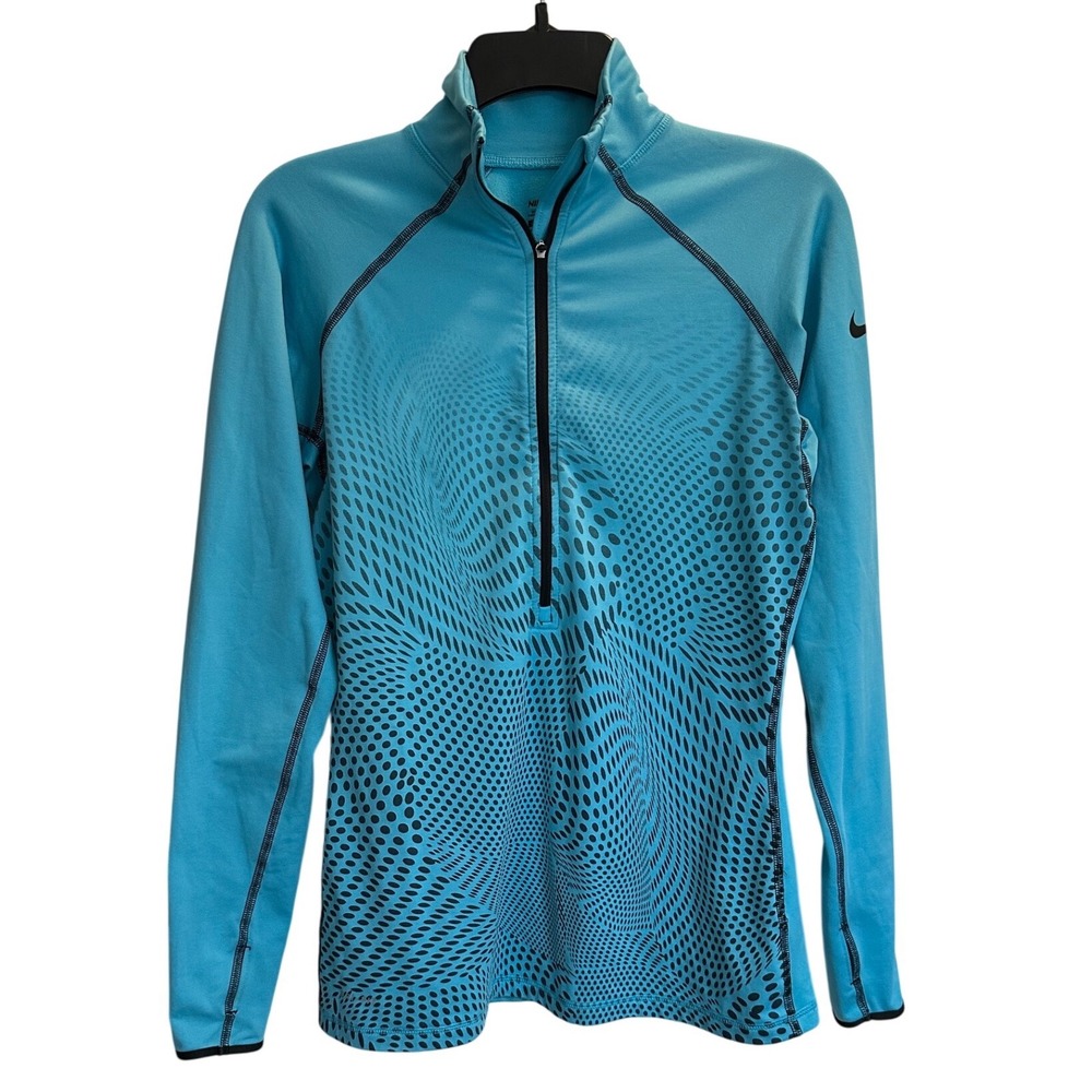 Nike Pro Womens Blue Black Dot Pattern Quarter Zip Long Sleeve Training Top M